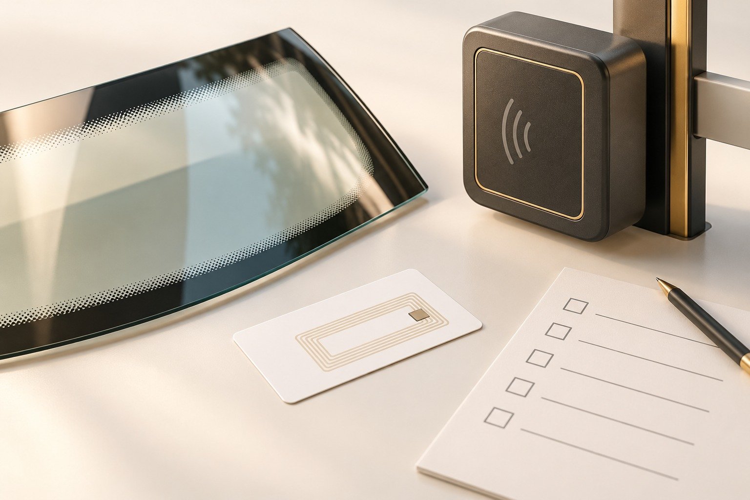 ภาพแนวคิดการตรวจข้อมูลกระจกรถ แท็ก RFID และเครื่องอ่านก่อนเลือกฟิล์ม