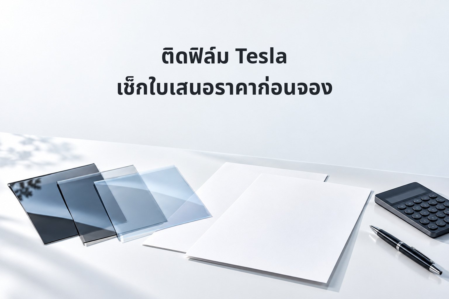 เอกสารใบเสนอราคา ตัวอย่างฟิล์ม และเครื่องคิดเลข พร้อมหัวข้อ ติดฟิล์ม Tesla เช็กใบเสนอราคาก่อนจอง