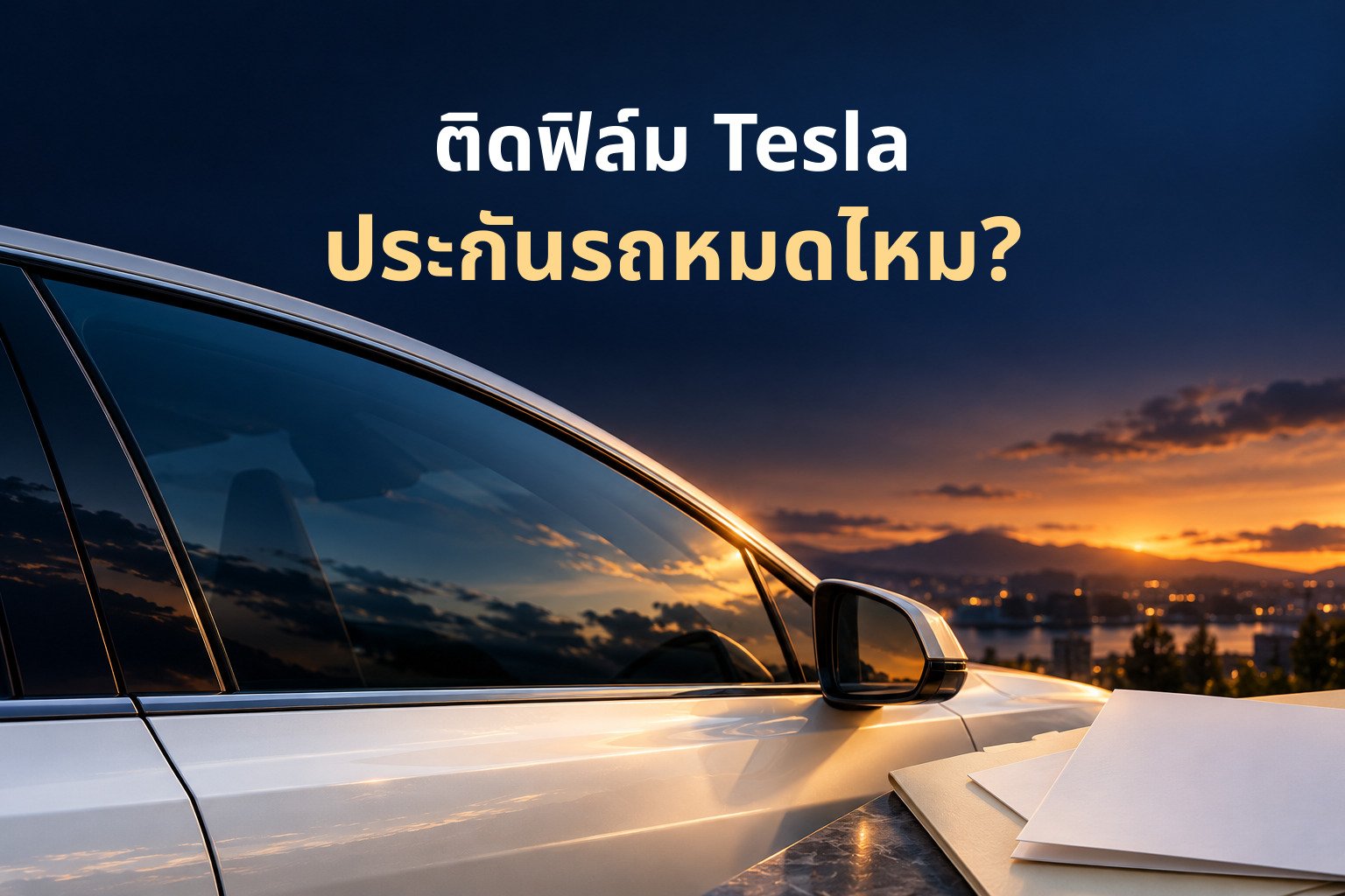 ภาพแนวคิดกระจกรถและเอกสารประกอบหัวข้อ ติดฟิล์ม Tesla ประกันรถหมดไหม