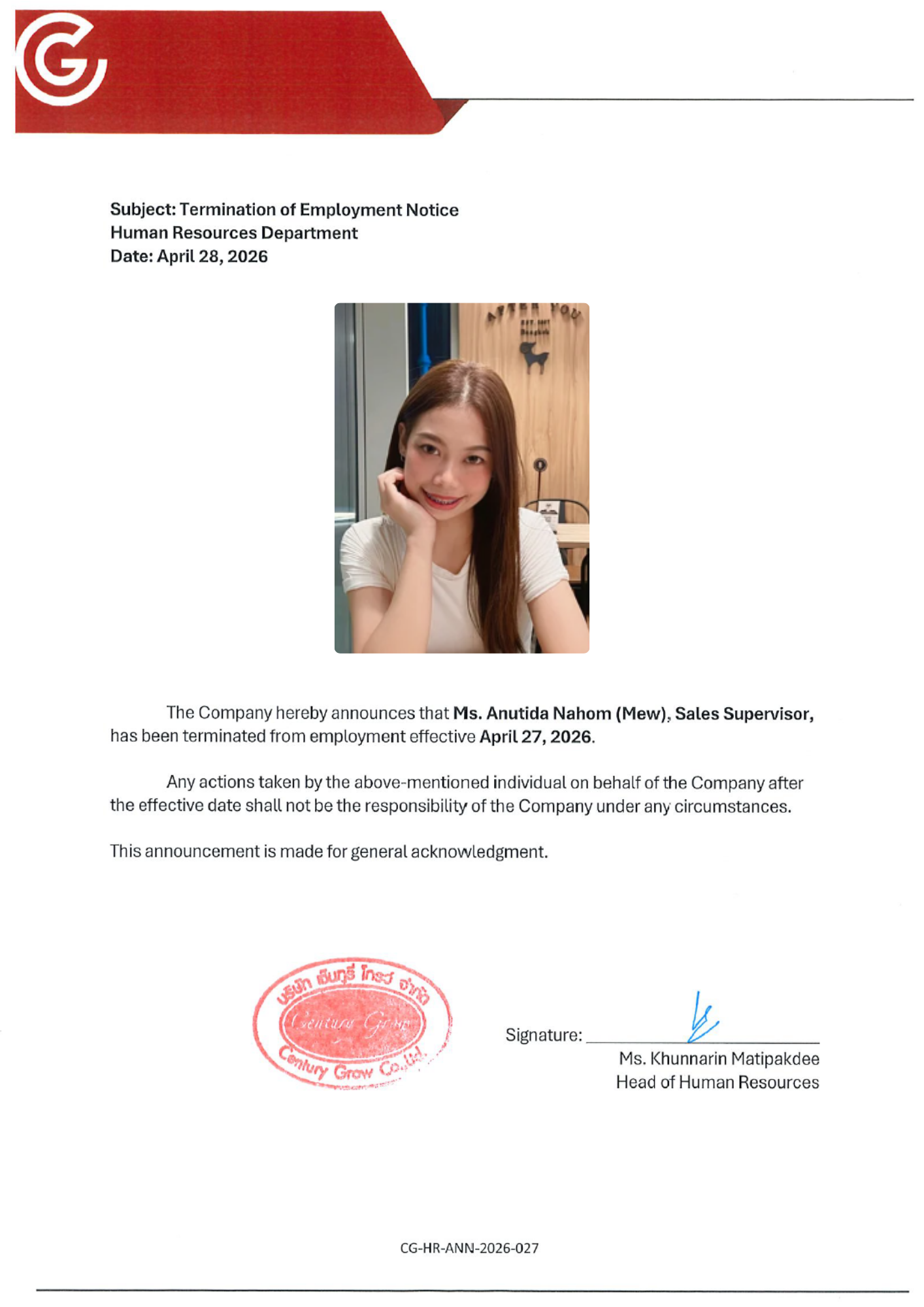 Termination of Employment Notice