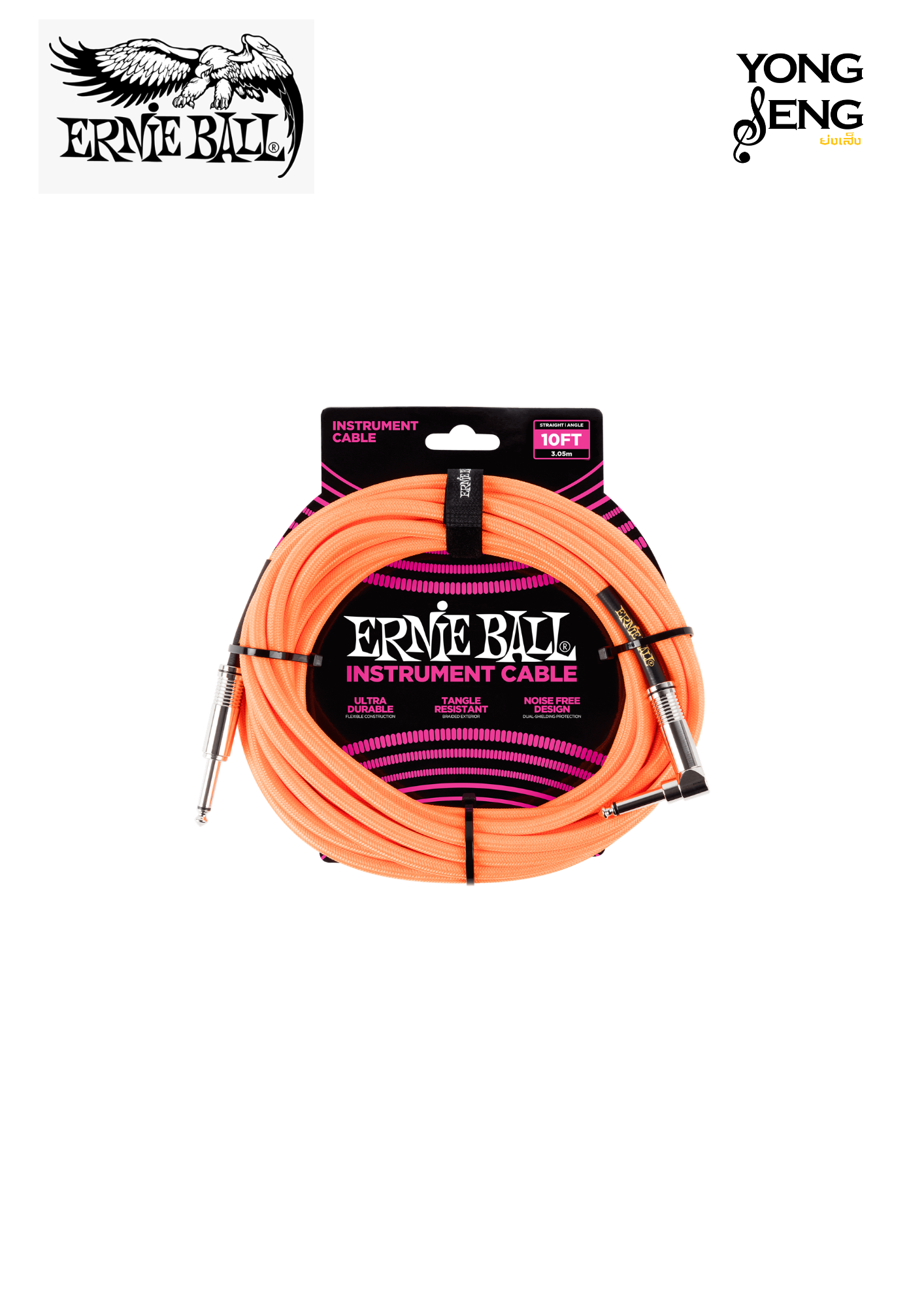 Braided Instrument Cable Straight/Angle 10ft - Neon Orange