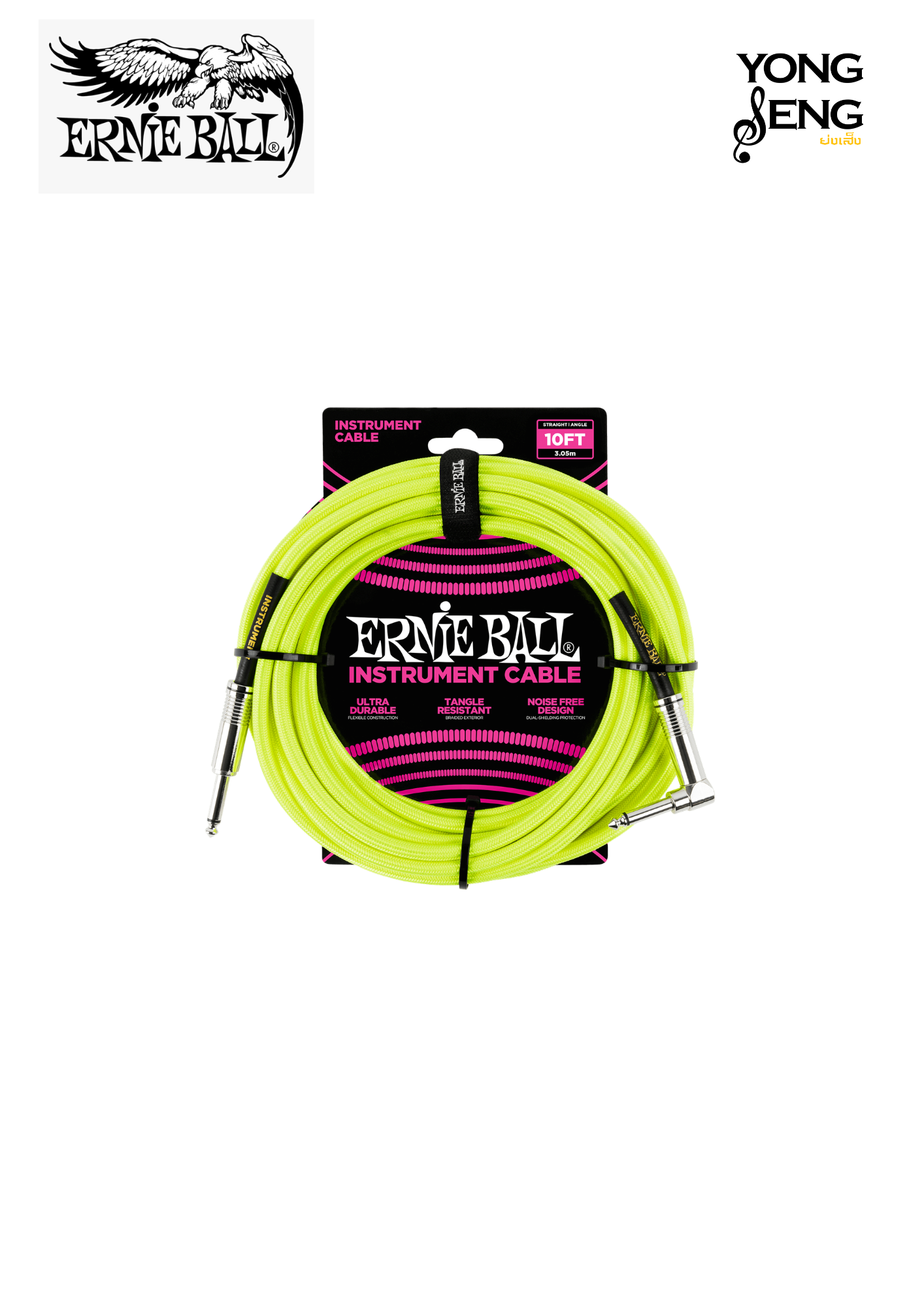 Braided Instrument Cable Straight/Angle 10ft - Neon Yellow