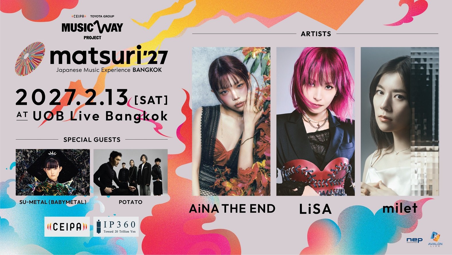 "matsuri" ปักหมุดกรุงเทพฯ! เทศกาลดนตรีญี่ปุ่นระดับโลก เปิดเวทีต่างประเทศครั้งแรกในเอเชีย ฉลอง 140 ปี ความสัมพันธ์ญี่ปุ่น-ไทย วันเสาร์ที่ 13 กุมภาพันธ์ 2027 ณ UOB LIVE กรุงเทพฯ ประเทศไทย