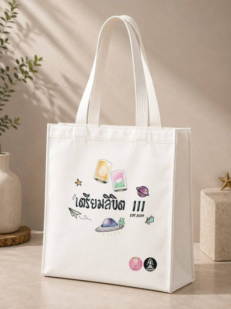 กระเป๋าผ้าดิบทรงกล่องสกรีนลาย