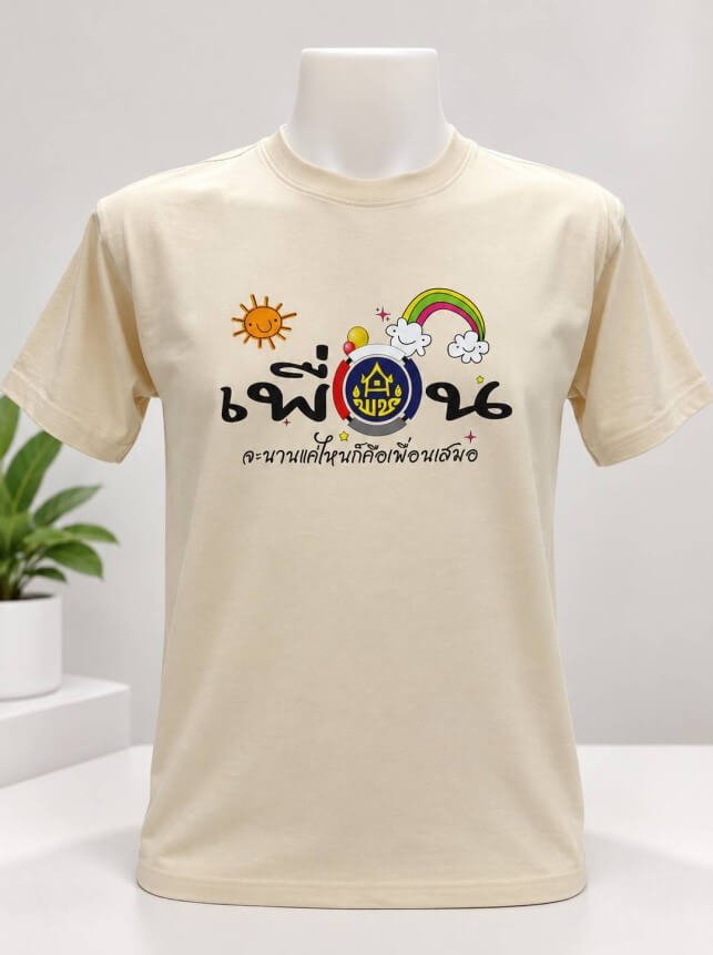 เสื้อยืดคอตตอนสีครีมสกรีนลาย