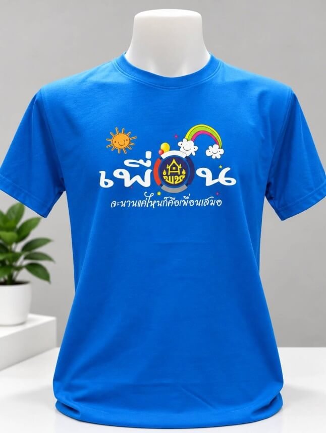เสื้อยืดสีฟ้าทะเลสกรีนลาย