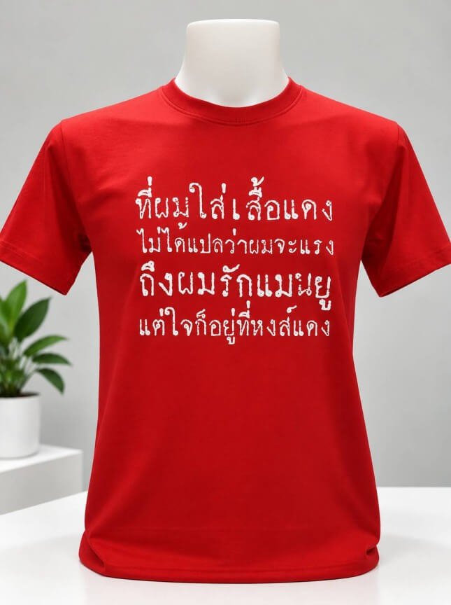 เสื้อยืดสีแดงสกรีนข้อความ