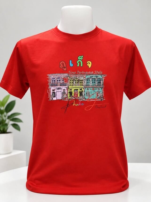 เสื้อยืดสีแดงสดพร้อมสกรีน