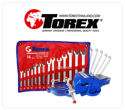 TOREX เครื่องมือช่างยอดนิยม ประแจแหวน ประแจปากตาย ประแจแหวนข้างปากตาย แบบชุด-ตัวเดี่ยว วัสดุโครวานาเดียม CR-V มาตรฐาน DIN ปากกจับเหล็ก ปากกาจับชิ้นงาน ฐานหมุนปากกา 360 องศา นิยมใช้ในงานช่าง งานโรงงาน และงานช่างยนต์ TPQTOOLS บริษัท ไทยพัฒนสิน ควอลิตี้ ทูลส