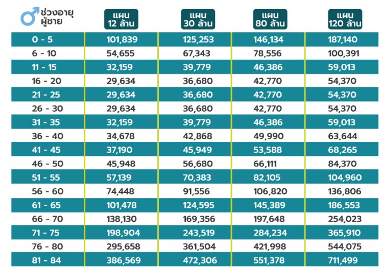 ตารางเบี้ยรายปี ชาย 12-120 ล้าน