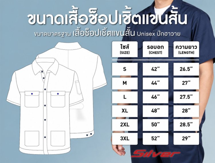 ตารางไซส์เสื้อช็อปเชิ้ตแขนสั้น ขนาดมาตรฐานเสื้อช็อป Unisex ปกฮาวาย