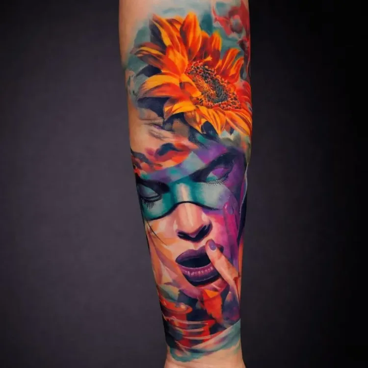 Color realism woman portrait and sunflower forearm tattoo by TTATT2S Tattoo Studio Pattaya
