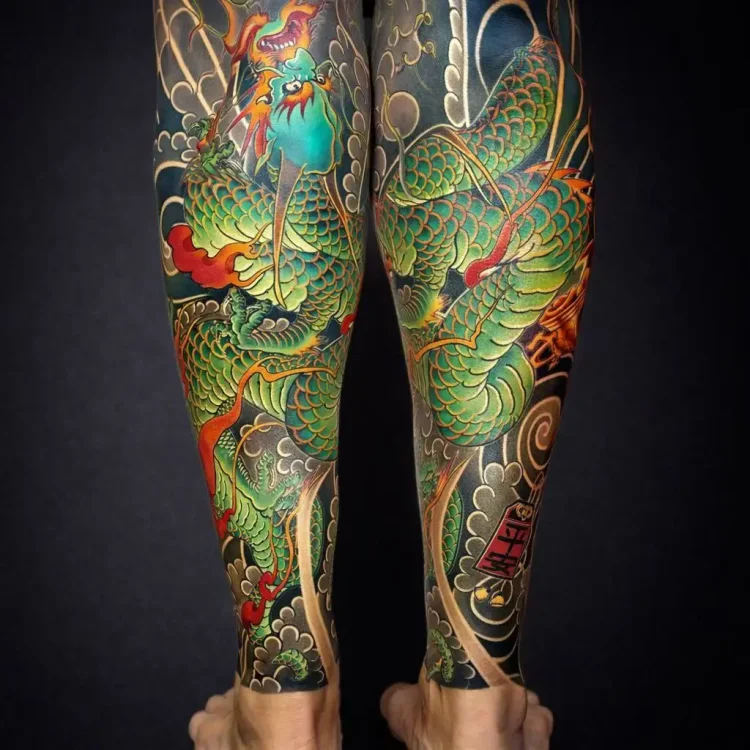 Color Japanese dragon leg sleeve tattoos by TTATT2S Tattoo Studio Pattaya