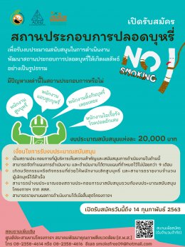 ขอเชิญชวนสถานประกอบการที่สนใจ รับงบประมาณสนับสนุนการดำเนินงาน “พัฒนาสถานประกอบการปลอดบุหรี่” 