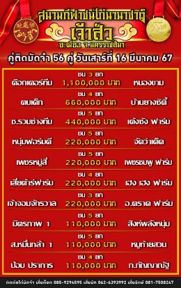 โปรแกรมคู่ชน ประจำวันที่ 16 มีนาคม 2567