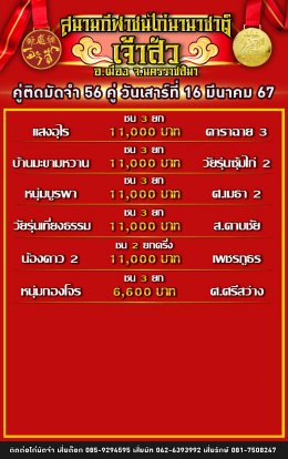 โปรแกรมคู่ชน ประจำวันที่ 16 มีนาคม 2567