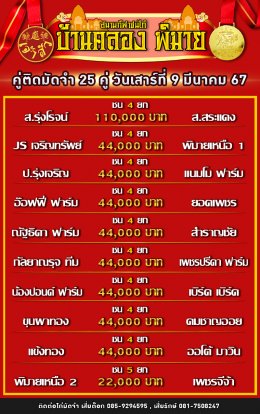 โปรแกรมคู่ชน ประจำวันที่ 9 มีนาคม 2567 (บ้านคลอง พิมาย)