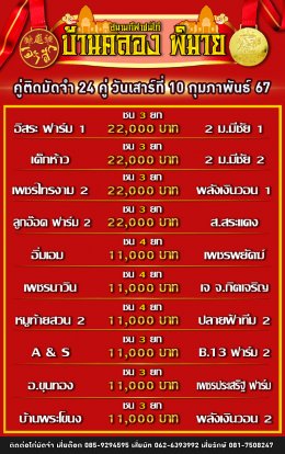 โปรแกรมคู่ชน ประจำวันที่ 10 กุมภาพันธ์ 2567 (บ้านคลอง พิมาย)