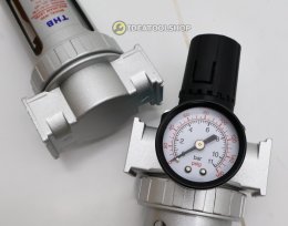 TAIWAN แท้!! ชุดกรองลม ดักน้ำ ปรับลม + น้ำมัน [ 2 ลูก ] THB แบบอลูมิเนียม ( Filter Regulator + Lubricator ) 1/2 3/8 1/4