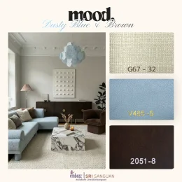 embozz-mood-dusty-blue-brown.webp หนังเทียม PVC โทนฟ้าหม่น-น้ำตาล embozz รหัส G67-32, V485-5, 2051-8 สำหรับเฟอร์นิเจอร์สไตล์ Contemporary