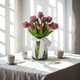 Add warmth to your coffee cornerwith a vase of tulips.