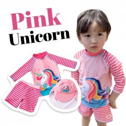 ชุดว่ายน้ำ pink unicorn ( 3 ชิ้นเสื้อ กางเกง หมวก) sw245