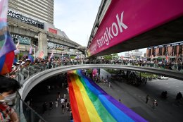 Engfa-Charlotte-Bookko-Rasamikhae Leading the entertainers Wave the rainbow flag of equality. Colorful waves of LGBTQIAN+ people overflow at Bangkok Pride Festival 2024. Draw stars, change history, announce your stance on dignity according to your designa