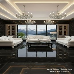  กระเบื้อง Sintered Stone ลาย Midnight Vein ห้องรับแขกหรู