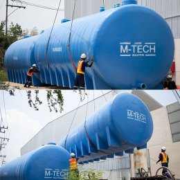 ทีมงานติดตั้งระบบท่อดับเพลิงเชื่อมต่อกับถังน้ำไฟเบอร์กลาส