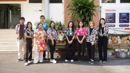 Management and employees of Thai Toshiba Lighting Co., Ltd. participated in a merit-making ceremony by offering alms to Buddhist monks and performing the traditional water-pouring ritual over a Buddha image in celebration of the Songkran Festival, seeking