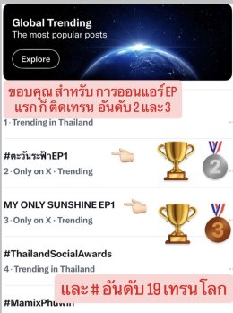 กระแสแรงตั้งแต่ EP.1! "ตะวันระฟ้า" แจ้งเกิดคู่จิ้นแซฟฟิก 'อะตอม - เมอซีเดส' เคมีละลายใจ ดันแฮชแท็ก #ตะวันระฟ้าEP1 ขึ้นเทรนด์ X อันดับ 2 ในไทย และติดอันดับ 19 เทรนด์โลก