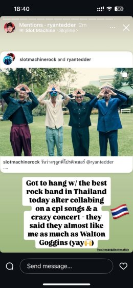 Ryan Tedder นักร้องนำ OneRepublic ย่องเงียบเยือนไทย เซอร์ไพรส์!! ชมโชว์ Slot Machine ติดขอบเวทีครั้งแรก!  เอ่ยปากชม "The best rock band in Thailand"