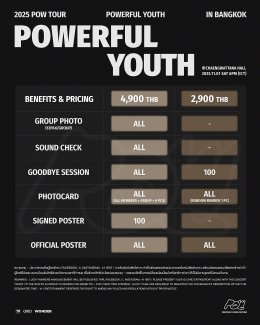 ผลลัพธ์ของความไม่ย่อท้อ! น้อง POW จะมีโซโลคอนเสิร์ตเต็มโชว์ครั้งแรกแล้ว เตรียมดันหลัง "ยอร์ช-ฮยอนบิน-จองบิน-ดงยอน-ฮง" ให้สุดพาวเวอร์! จองบัตร 2025 POW TOUR: POWERFUL YOUTH in BANGKOK อา.12 ต.ค.นี้