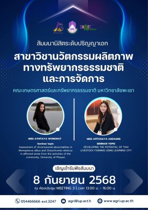 ขอเชิญร่วมรับฟังการสัมมนานิสิตระดับบัณฑิตศึกษา (ปริญญาเอก) สาขาวิชานวัตกรรมผลิตภาพทางทรัพยากรธรรมชาติและการจัดการ คณะเกษตรศาสตร์และทรัพยากรธรรมชาติ มหาวิทยาลัยพะเยา