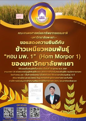 คณะเกษตรฯ ม.พะเยา ขอแสดงความยินดีกับ ข้าวเหนียวหอมพันธุ์ หอม มพ.1 (Hom morpor 1) ของมหาวิทยาลัยพะเยา ได้รับรองเป็นพันธุ์พืชขึ้นทะเบียน เมื่อวันที่ 15 ตุลาคม 2567 ตามมาตรา 28 แห่งพระราชบัญญัติพันธุ์พืช พ.ศ. 2518 จากสำนักคุ้มครองพันธุ์พืช กรมวิชาการเกษตร