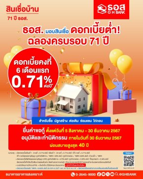 ธอส. ฉลองครบรอบ 71 ปี มอบสินเชื่อบ้านดอกเบี้ยต่ำคงที่ 6 เดือนแรกเพียง 0.71% ต่อปี