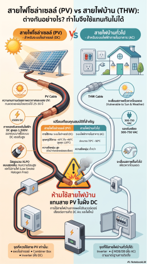 สายไฟ PV (โซลาร์เซลล์) VS สายไฟทั่วไปในบ้าน (THW)