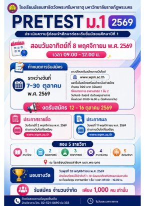 Pretest M.1 - พรีเทสสอบเข้า ม.1 โรงเรียนมัธยมสาธิตวัดพระศรีมหาธาตุ มหาวิทยาลัยราชภัฏพระนคร ปีการศึกษา 2570