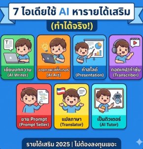 7 ไอเดียใช้ AI หารายได้เสริม หลังเรียน/หลังเลิกงาน (ทำได้จริง ไม่ต้องลาออก)