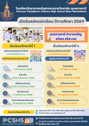 รับสมัครสอบเข้า ม.1 และ ม.4 ประจำปี 2569 - โรงเรียนวิทยาศาสตร์จุฬาภรณราชวิทยาลัย อุบลราชธานี
