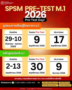 กำหนดการสอบพรีเทส  SPSM Pre-Test M.1 2026 - โรงเรียนสาธิตมหาวิทยาลัยศรีนครินทรวิโรฒ ประสานมิตร (ฝ่ายมัธยม)