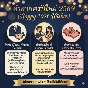 รวม 50+ คำอวยพรปีใหม่ 2569 (2026) ภาษาอังกฤษ-ไทย ความหมายดี ครบทุกสไตล์ (ผู้ใหญ่/เพื่อน/แฟน) ก๊อปไปใช้ได้เลย!