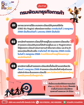 เลื่อนปิดเคาน์เตอร์จดทะเบียนธุรกิจแบบ Walk in ถึงสิ้นปี 68