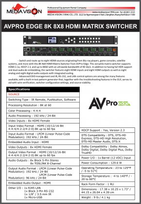 AVPRO EDGE 8K 8X8 HDMI MATRIX SWITCHER