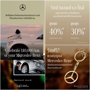 เมอร์เซเดส-เบนซ์ ต่อยอดแคมเปญฉลอง 140 ปี ชวนลูกค้าที่เลขไมล์เกิน 140,000 กิโลเมตร  รับส่วนลดสูงสุด 40% สำหรับอะไหล่แท้ Genuine Parts กว่า 14 กลุ่มรายการ