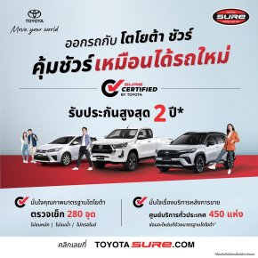 มั่นใจรถมือสองคุณภาพดี กับ โตโยต้า ชัวร์ ด้วยผลิตภัณฑ์ใหม่ Toyota Sure Certified เพิ่มการรับประกันคุณภาพ สูงสุด 2 ปี 40,000 กม.!