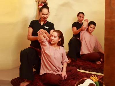 Traditional Lanna Thai massage therapy at luxury cave spa in Chiang Mai