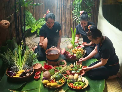 Preparation of fresh Thai herbal ingredients for authentic spa therapy at Srimantra Spa