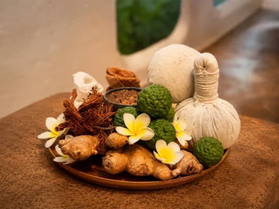 Traditional Thai herbal compress and fresh herbs prepared for spa treatments at Srimantra Spa Chiang Mai.