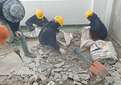 งานปูกระเบื้องพื้นหินขัด ไลน์ผลิต ห้องล้าง